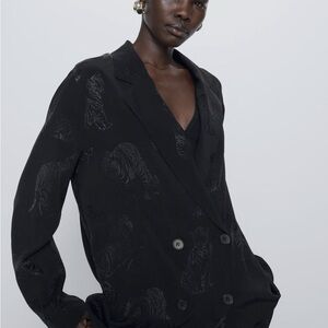 🐅 Zara Black Jacquard Double-Breasted Blazer Tiger Print